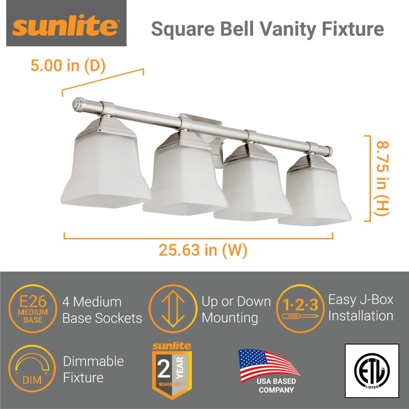 Sunlite 46064 25" Modern Square Bell Vanity Wall Mount Light Fixture, Medium Base (E26) Socket, Standard A19 Bulb Required (100W Max), Frosted Glass Shade, ETL Listed, 4 Light Brushed Nickel Finish - Image 2